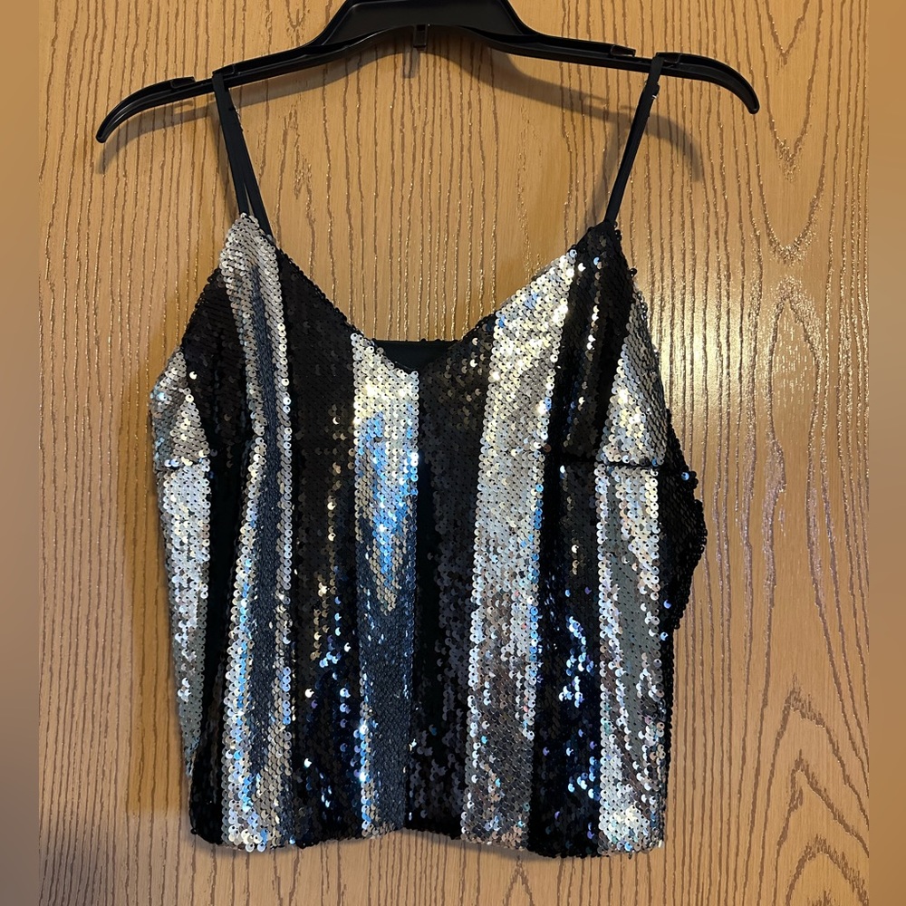 Black and silver striped sequenced spaghetti strapped tank top
